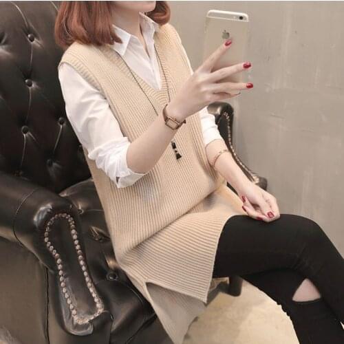 Sleeveless V-Neck Loose Long Vest Top Autumn Winter Knitting Sweater Vest Women Casual Oversized Sweater Basic Pullover