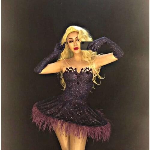 Women Purple Ostrich Feather Sexy Bodysuit Sparkling Crystals Dress Nightclub Party Stage Wear Costumes Dancer Singer Dress
