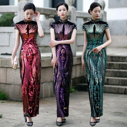 Fashion Velvet Sequined Cheongsam Chinese Style Dress Long Cheongsam Qipao Dress China Plus Size Women Clothing Party Dresses