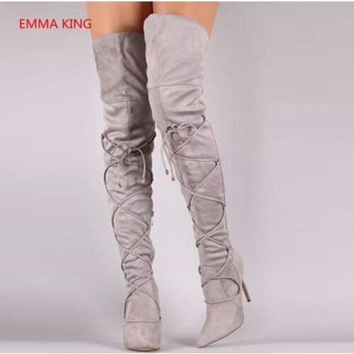 Cross-Tied Winter Long Boots Flock Soild Sexy Ladies High Heels Shoes 2018 Fashion Roman Women Over The Knee Boots Botas Mujer