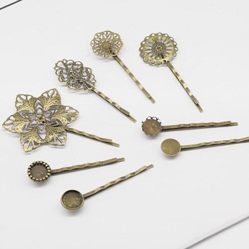 100pcs Mixed Styles Vintage Filigree Hairpins Hair Pins, Bobbypins Antique Brass Waved Hair Clips Base Settings