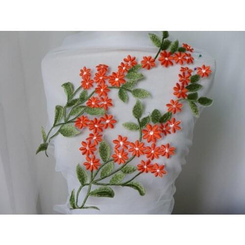 1 Pair Beautiful Green/Orange Pink Venice Lace Applique, Embroidered Floral Sewing Trims, Organza DIY Handmade Craft