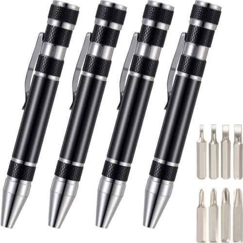 Hot 4 Pcs Pen Screwdriver Handy Tool 8 in 1 Magnetic Pocket Screwdriver Multi-Function Mini Gadgets Repair Tools (Black)