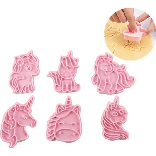 6Pcs/Set 3D Cartoons Unicorn Biscuit Mold Cookie Cutter Mould Push Fondant Mould Kitchen Baking Mold Cake Decoration Making Tool
