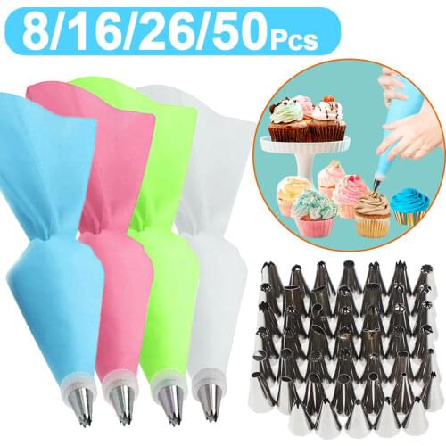 8/16/26 Silicone Pastry Bag Tips Kitchen DIY Cake Icing Piping Cream Decorate Tool Reusable Pastry Bag+Stainless Nozzle