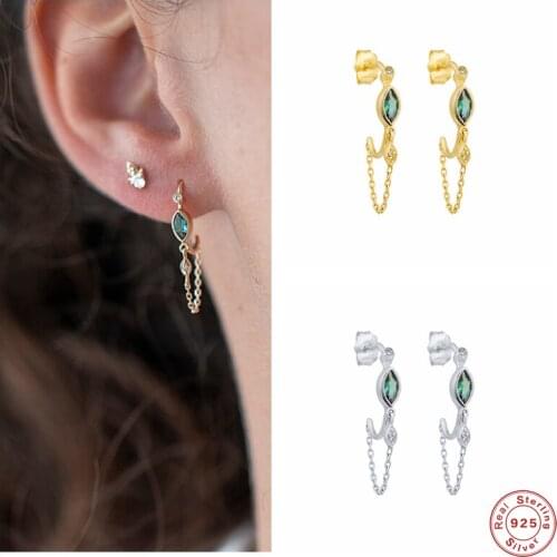 BOAKO 925 Sterling Silver Oval Crystal Chain Tassel C Shape Stud Earrings For Women Zircon Half Circle Ear Stud Fine Party Jewel