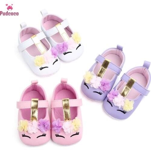 0-18M New Baby Girls Flower Unicorn Shoes Toddler PU Leather Shoes Kids Soft Sole Crib Shoes Spring Autumn First walkers