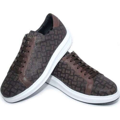Handmade Brown Sport Sneakers with Natural Calf Skin, Patterned Matte Embossed Lazer Leather, Mens Casual Lightweight Shoes