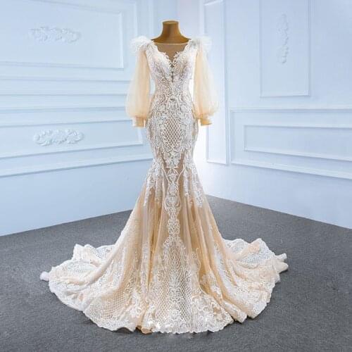 Champagne Lace Appliques Mermaid Wedding Dresses Sheer Neck Puffy Long Sleeves Sweep Train Bridal Gowns Vestido De Novia