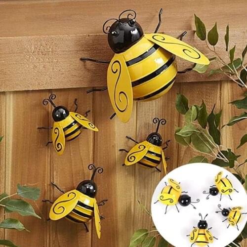 4Pcs Metal Wall Art Bumble Bee 3D Sculpture Hanging for Indoor Outdoor Sculpture Ornaments Living Room Decoration