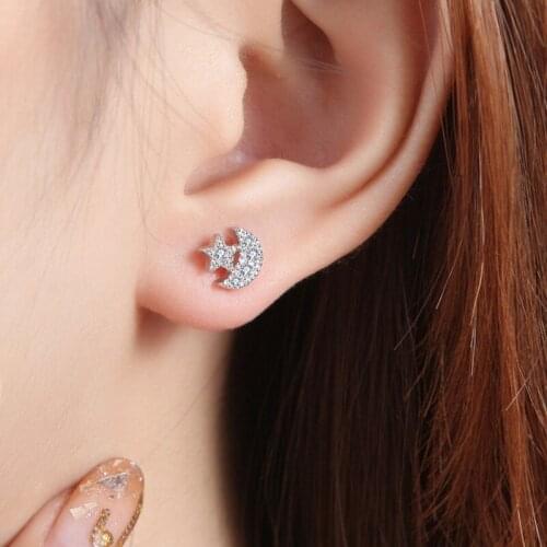 Trendy Women Silver Plated Earrings For Girls Jewelry Charm Zircon Moon Star Stud Earring Female Accessories Princess Gift