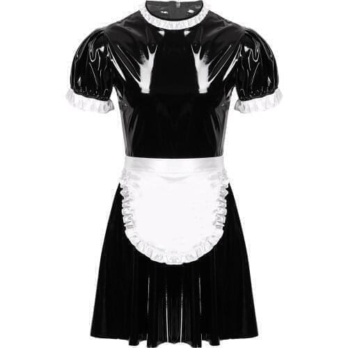Men Maid Servant Uniform Gay Sissy Dress Maid Cosplay Costume Outfit Wet Look Patent Leather Short Puff Sleeve Dress with Apron