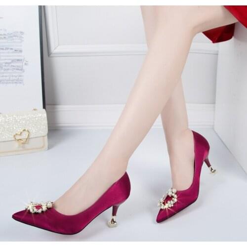 New Spring and Autumn Woman Wedding Slip on Pumps High Heels Shoes Fashion Bow Shallow Slides Zapatos Mujer W32-53