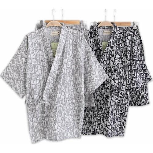 Simple wave 100% cotton shorts pyjamas men short sleeves sleepwear Japanese kimono pajamas sets shorts home bathrobes bedgown