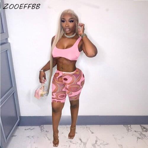 ZOOEFFBB Print Two Piece Tracksuits Set Sexy Backless Crop Top and Biker Shorts Summer Women Fashion Streetwear Matching Sets