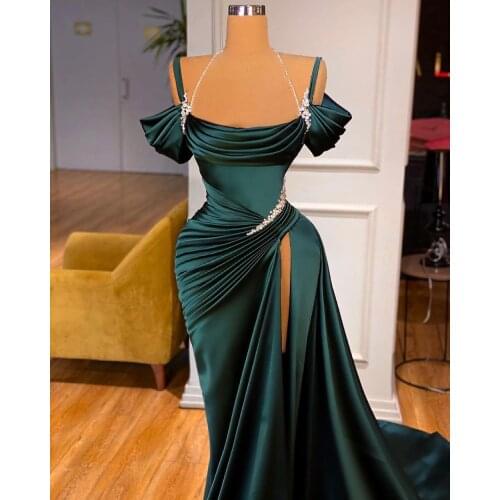 Dark Green Long Mermaid Evening Dresses 2021 Designed Pleated Top Cap Sleeves Sexy High Slit Satin Women Dress Party Gowns