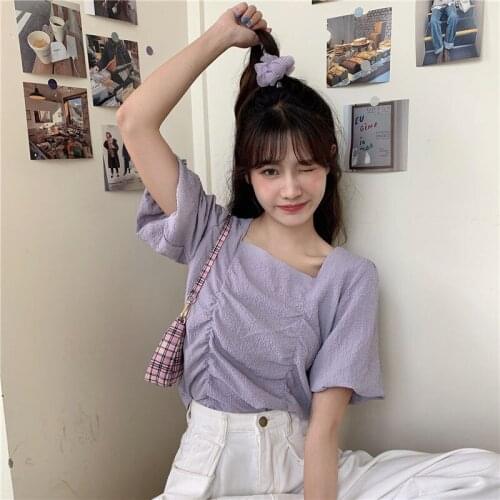 Women Blouse Puff Sleeve 2021 Summer Loose Pleated Short Sleeve Shirt Womens Shirt Blusas Mujer De Moda