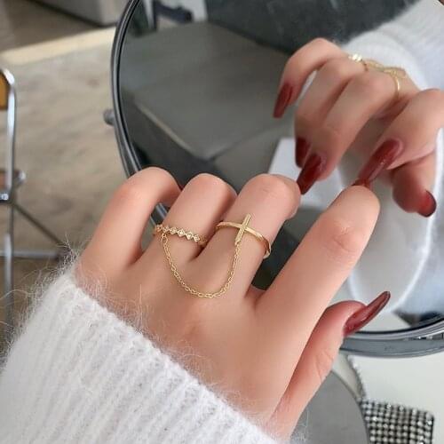 2pcs/ Set Luxury Trendy Simple Cross Chain Crystal Geometric Adjustable Ring For Women Vintage Fashion Delicate Metal Jewelry