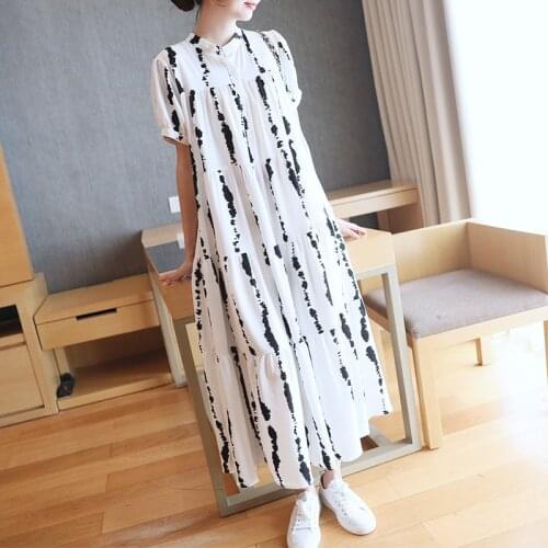 Plus Size Fashion Satin Cotton A Line Dresses Womens Summer Striped Floral Print Loose Cotton Long X607