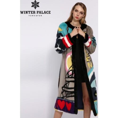 WINTER PALACE 2019 Winter Fashion Mink Coat Round Neck Imported Velvet Grade Long Mink Fur Coat Mix And Match Pattern Fur Coat