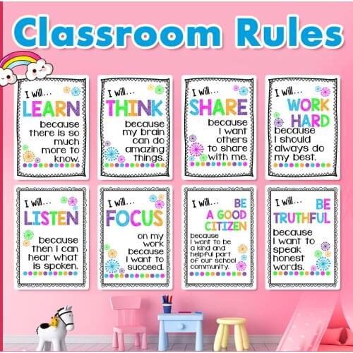 20Pcs/Set Learn English Children A4 Plastic Card Classroom Rules Kindergarten Early Education Classroom Decoration Wall Stickers