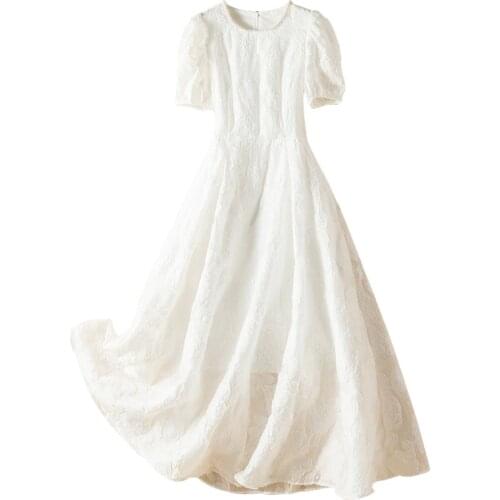 2021 Summer New Arrival Plus Size Sweet Elegant Short Sleeve Pure White Floral Lanon Dress Woman