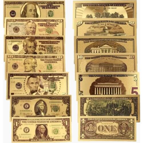 7PCS 100/50/20/10/5/2/1 Dollar Fake Money Prop USA Banknotes Bills Gold Plated Replica Currency April Fools' Day Kidding Gift