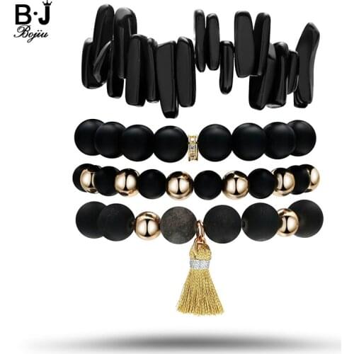BOJIU Black Gold Beaded Bracelets Gold Tassel Woman Fashion Bracelet Stack 4pcs/set BCSET44