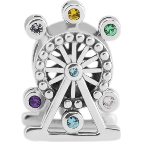 CKK Silver 925 Jewelry Fits Pandora Bracelets Ferris Wheel Charm, Multi-Colored Crystal Original Sterling Silver Beads
