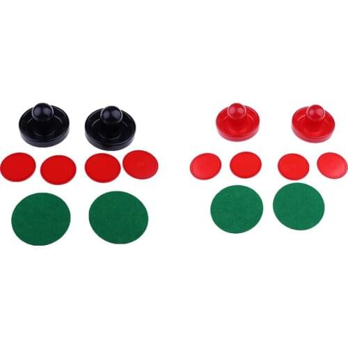 Two Air Hockey Pushers Strikers Goalies and Four Air Hockey Pucks- 3 sizes (S,M,L) Red Dark Blue