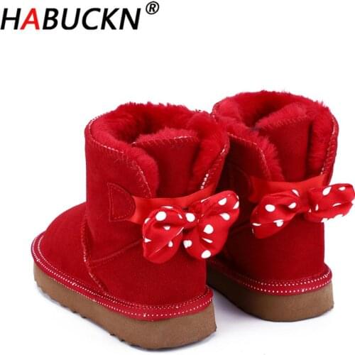 HABUCKN 2020 new fashion cute children‘s Snow Boots Cowhide Leather Boots Warm Winter Boots kids red black shoes bow-knot Boots