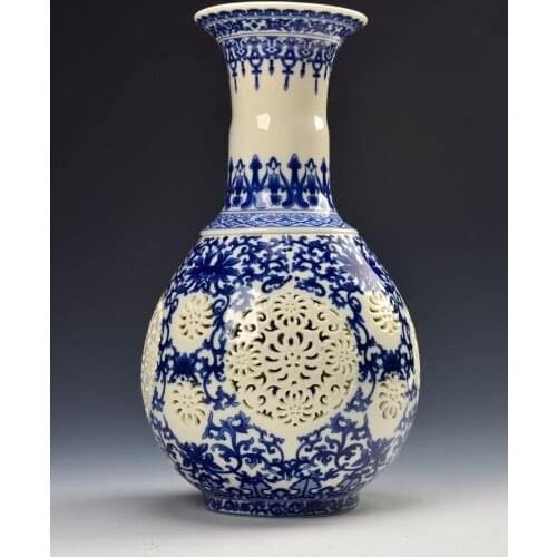 Exquisite Chinese archaize Hand-carved blue and white porcelain double layers hollow-out vase