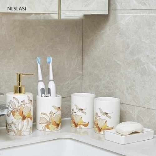 Chinese Style Flower Pattern Ceramics Home Bathroom Accessories Set Toothbrush Holder Liquid Soap Dispenser Soap Dish Gargle Cup