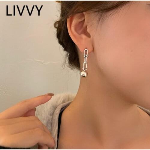 LIVVY Silver Color Retro U-Shaped Chain Ball Earrings Charm Women Trendy Jewelry Vintage Party Accessories Gift