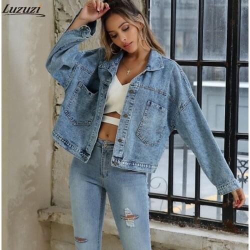 Luzuzi Womens Autumn Denim Jacket Blue Casual 2021 Jeans Jackets Female Loose Plus Size Washed Vintage Long Sleeve Jeans Coats