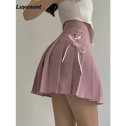 Sweet Elegant Lady Mini Pleated Skirt Summer High Waist Women Lace-up Midi Skirts Pink Black Street White Korean Fashion Clothes