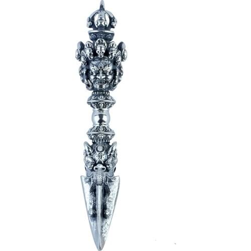 Mens Necklace, Pendant, Pure Silver, Three Sided Puba Vajra Pin, Devil Subduing Pestle, Tibetan Secret School Magic Weapon