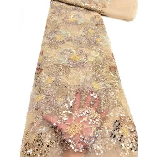 Nigerian Handmade Beads Lace Fabric Embroidery with Sequins 5 Yards/pcs African Net Lace French Fabric for Party Dress VD5020