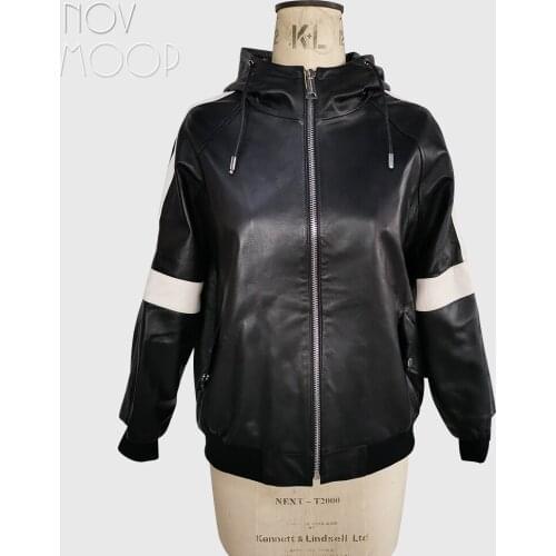 Novmoop sports style genuine leather sheepskin women hooded jacket with contract color patch LT3283