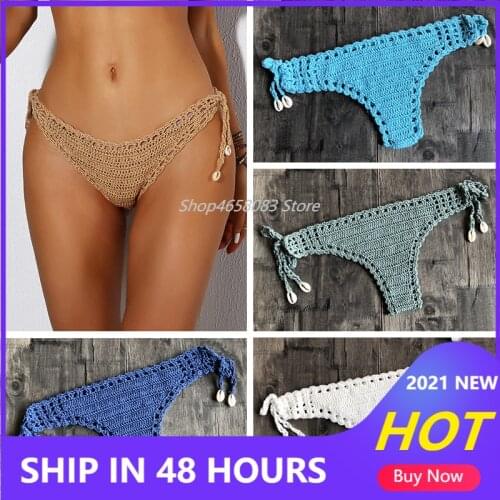 2020 Hot Women Sport Sexy Bikini Thong Handmade Crochet Swimwear Bikini Bottom Hollow-out Low Waist Bathing Suit
