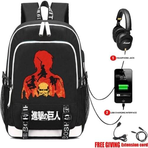 Attack on Titans backpack cosplay packsack student Schoolbag USB charging Headphone jack Teenagers men Shoulder Bag 12 style