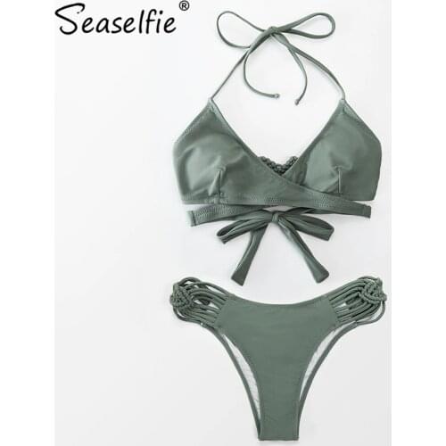 SEASELFIE Dusty Green Strappy Wrap Low-waist Bikini Sets Women Sexy Two Pieces Swimsuits 2021 Girls Swimming Suit Swimwear