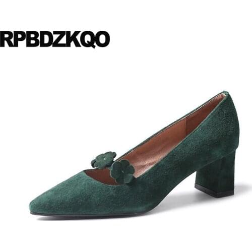 Gray Strap Medium Heels Size 4 34 Floral Green Dress Shoes Women Flower Pumps Pointed Toe Sweet Kawaii Mary Jane Suede Chunky