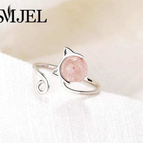 SMJEL Korean Style Cute Cat Rings for Women With Long Tail Pink Bead Lucky Jewelrys Lover Ring Anel Party Gifts