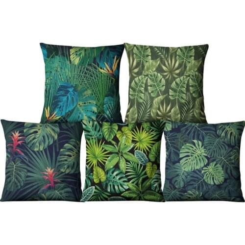 Modern Art Painting Printed Green Cushion Cover Tropical Plant Linen Throw Pillow Case for Couch Sofa Car Living Room Home Decor