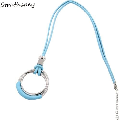 STRATHSPEY Fashion Women Trendy PU Leather Wrapped Double Big Circle Metal Pendant Long Leather Chain Necklace Blue Black Color