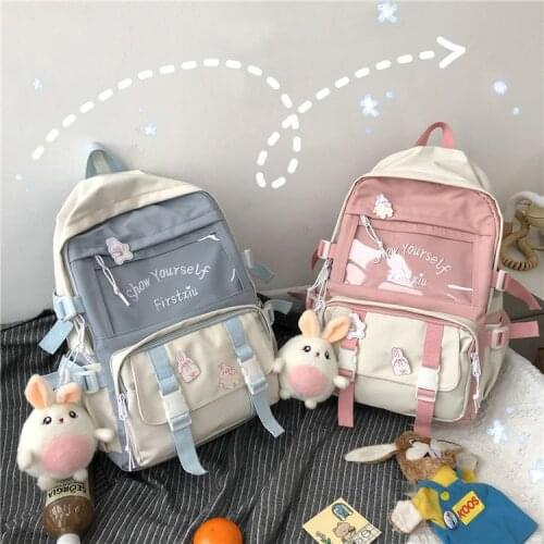 Waterproof Nylon Women Backpack Female Multi-pocket Buckle Travel Bag Transparent Pocket Solid Color Large Capacity Schoolbag