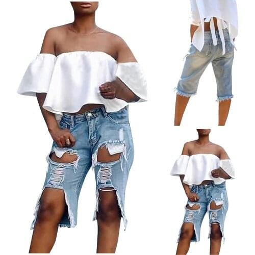 High Street Ripped Jeans Womens Frayed Hole Half Denim Pants Summer High Waist Pockets Casual Bull-puncher Knickers Pants