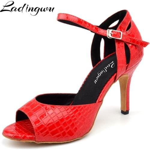 Ladingwu Latin Dance Shoes Women Snake texture PU Soft Bottom Ballroom Party Dance Shoes Red Black zapatos de baile latino mujer