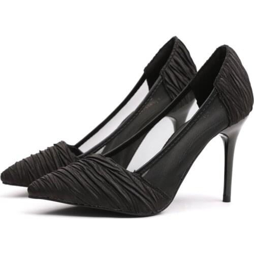 High-heeled shoes ladies spring temperament OL holloweaved gauze lace thin heel point shallow single shoe